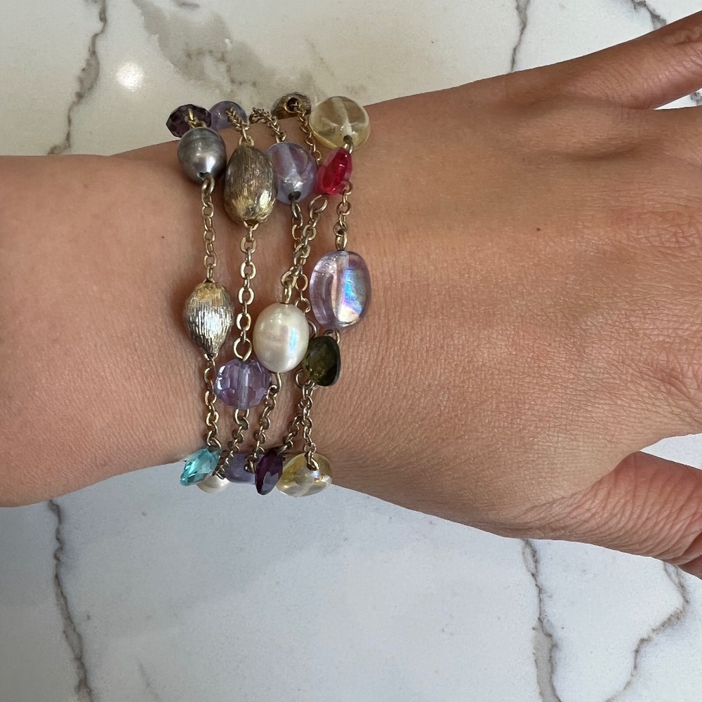 Multi color crystal and faux pearl gold bracelet